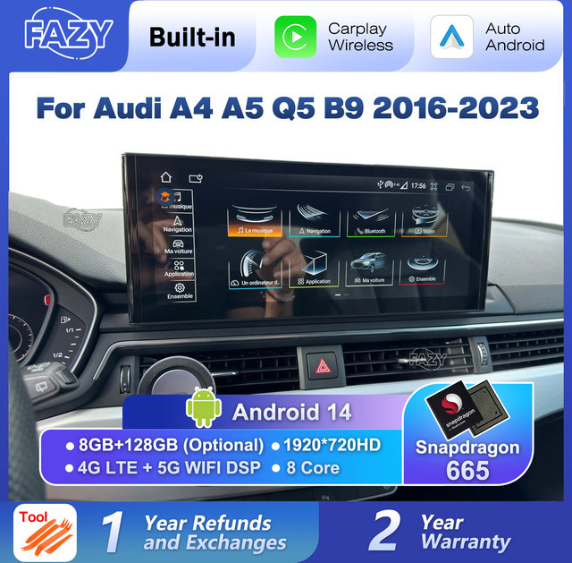 FAZY Android 14 Carplay Multimedia-Autoradio mit 12,3 Zoll Touchscreen für Audi A4 A5 Q5 B9 (2016-2023), Schwarz, inklusive WIFI, 4G, GPS-Navigation - Bild 1
