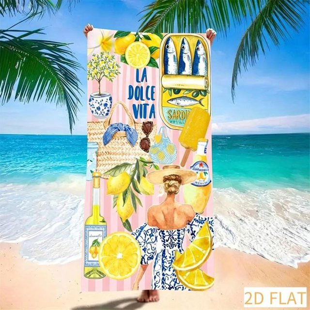 JMG Household Supplies La Dolce Vita Strandtuch aus Mikrofaser mit Zitrone und Sardinendosen-Print, sandfrei und schnelltrocknend, B/H: 50 x 100 cm - Bild 1