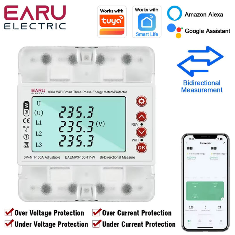 EARU Dreiphasiger Tuya WiFi Smart Bidirektionaler Energiezähler kWh-Messgerät mit Überspannungs- und Unterspannungsschutzrelais und Strombegrenzung in Weiß - Bild 5