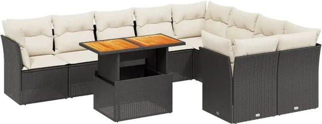 vidaXL 10-teilige Garten-Sofagarnitur in L-Form aus Poly-Rattan und Akazienholz mit Kissen, Schwarz-Creme - Bild 1