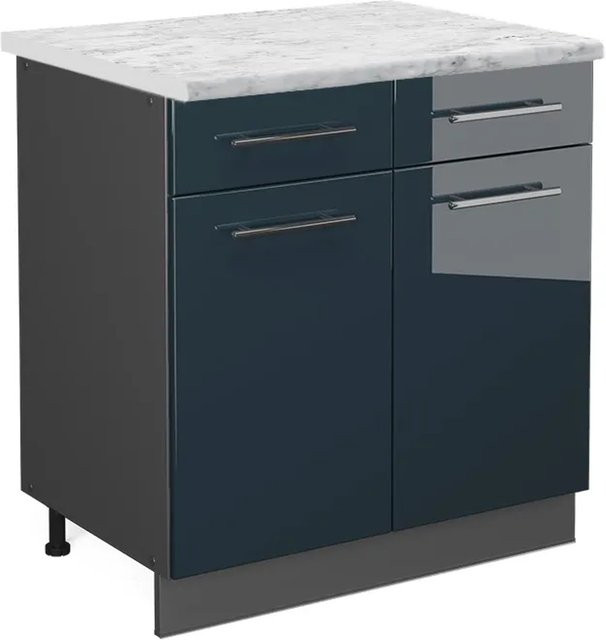 Vicco Küchenunterschrank Fame-Line in Dunkelblau Hochglanz und Anthrazit mit Marmor-Optik, B/T/H: 80 x 60 x 82 cm - Bild 1