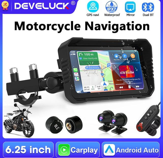 Develuck Tragbares 6,25 Zoll Motorrad GPS Navigationsgerät mit Wireless CarPlay und Android Auto, Bluetooth, Fahrrekorder und Moto-Monitor, IPX7 wasserdicht, Schwarz - Bild 1