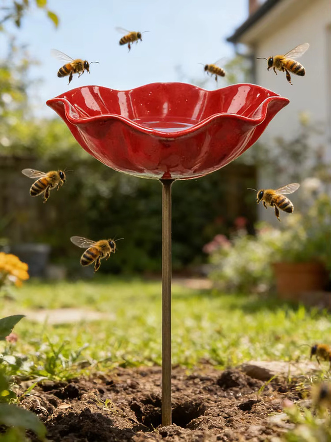 Bienen-Trinkwasserstation mit Blumendesign als Vogelbad und Schmetterlings-Wasserspender aus Metall in Rot, B/T/H: 60,0 x 15,0 x 15,0 cm - Bild 6