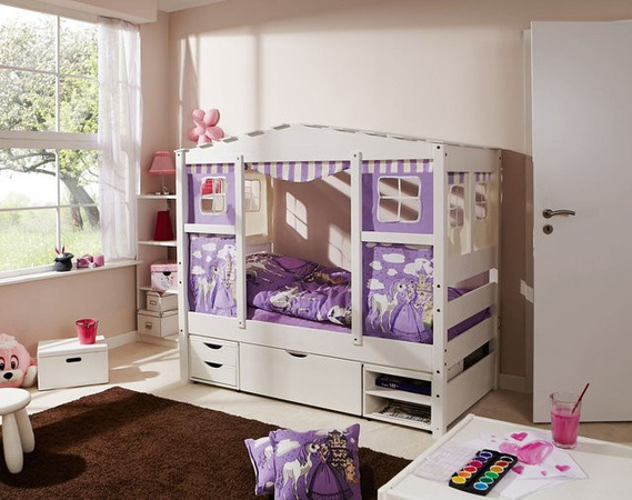 TICAA Hausbett MINI Prinzessin aus Kiefernholz in Lila mit 3er Funktionsschubkasten und Matratze, B/T/H: 200 x 90 x 151 cm