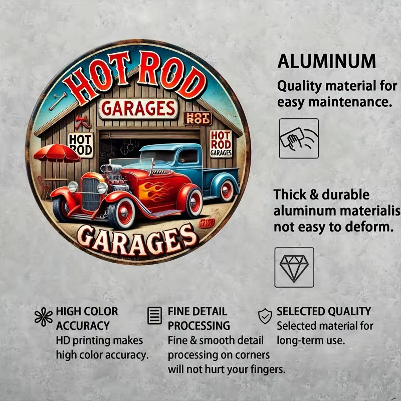 Potdemiel Vintage Hot Rod Garage Wandschild aus Metall, Rundes Aluminiumschild in Multicolour, Durchmesser: 20 cm - Bild 5
