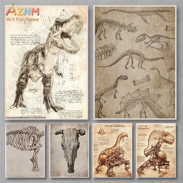 AZNM Vintage Dinosaurier-Skelett Anatomie Leinwand-Wandkunst mit T-Rex Fossil-Skizzen-Druck für deine Dekoration - Bild 1