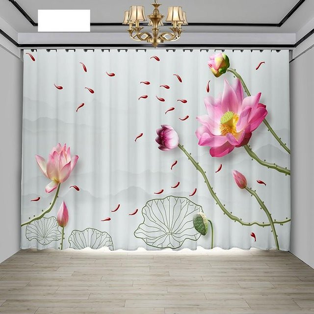 Yiran Furniture Retro-Vorhang im Zen-Folk-Stil mit Lotus-Motiv, halbtransparent, Weiß, 2 Stück, B: 100 cm, H: 130 cm - Bild 1