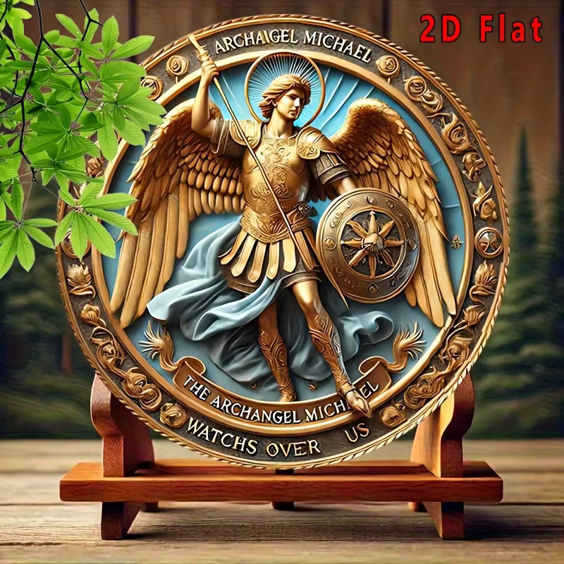 Potdemiel Erzengel Michael Vintage Metall-Wandkunst rundes Blechschild in Gold und Blau, Durchmesser: 20,3 cm - Bild 2