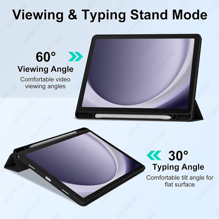 DZSWYCASE Schutzhülle für Samsung Galaxy Tab A9 und Tab A11 Plus 11 Zoll mit Stifthalter und dreifach faltbarer Standfunktion, transparente Rückseite, Farben: Pink, Schwarz oder Transparent - Bild 3