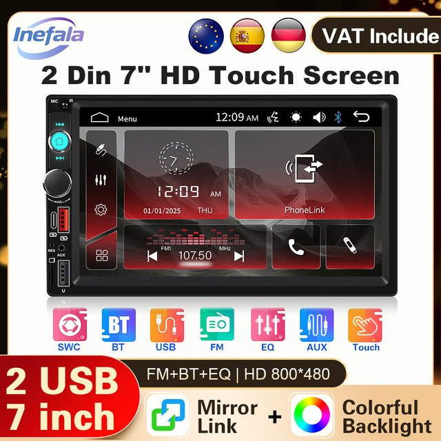 Podofo 2 DIN Autoradio mit 7 Zoll HD MP5 Touchscreen, Bluetooth, USB, FM Radio und Mirror Link in Schwarz - Bild 1
