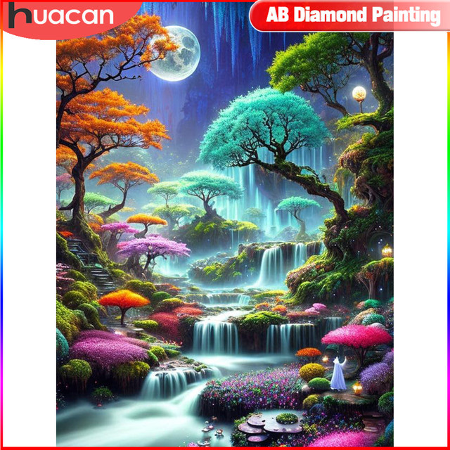 Huacan Diamond Painting Set Nachtlandschaft mit Wasserfällen, 5D Mosaik Kit in Multicolor, Full Round - Bild 1