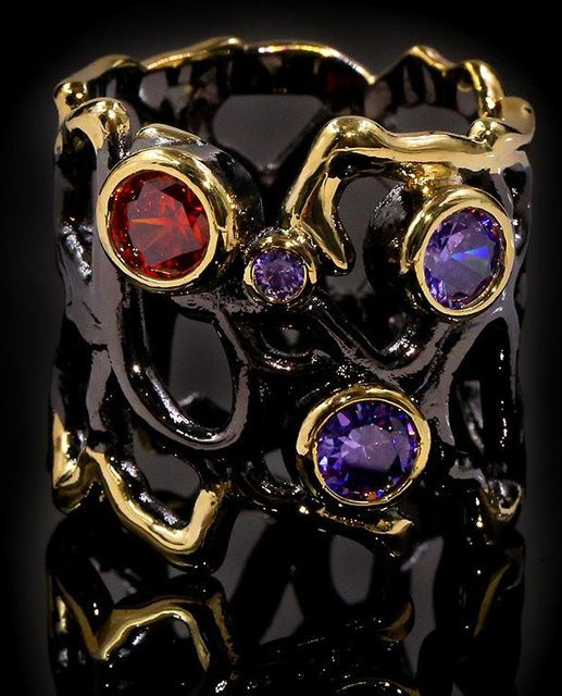 YIRAN Ring, schwarz vergoldet, Farbstein, Unisex - Bild 1