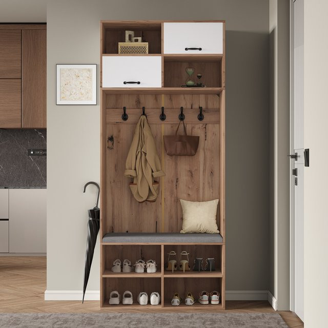 PINGGO Garderobenset im skandinavischen Design mit Bank, 2 Türen, 6 Staufächern und 5 Haken, Naturholz und Weiß, B/T/H: 80 x 35 x 185 cm - Bild 1