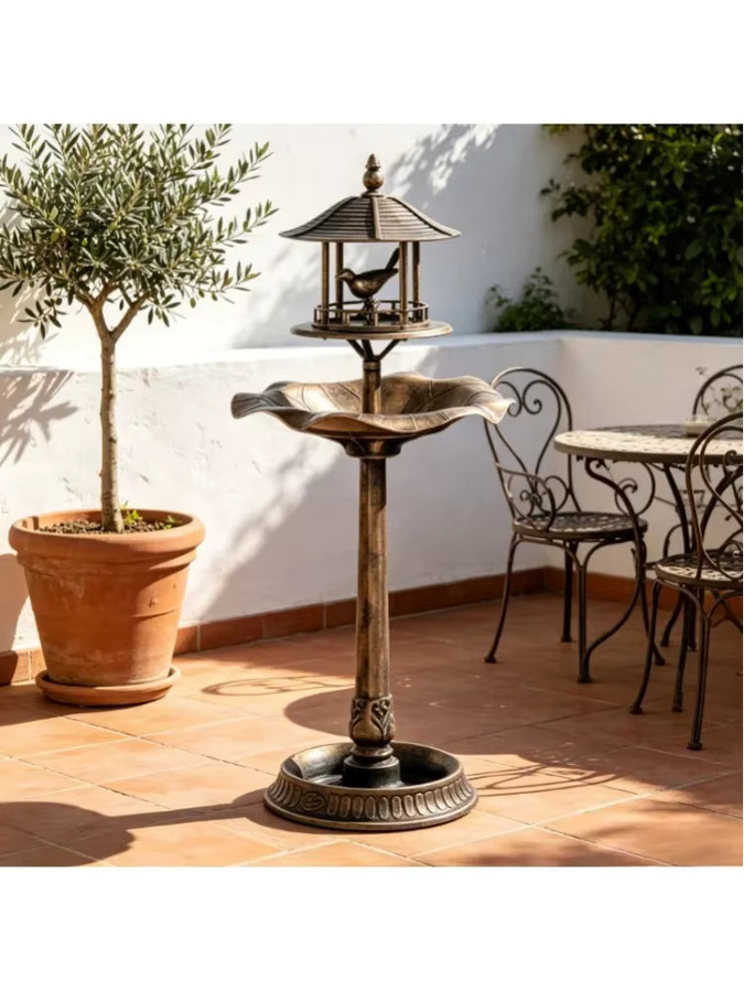 Vogelbad im Retro-Stil als Vogelbrunnen mit Messingfinish in Gold und Grün, B/T/H: 50 x 50 x 113 cm - Bild 8