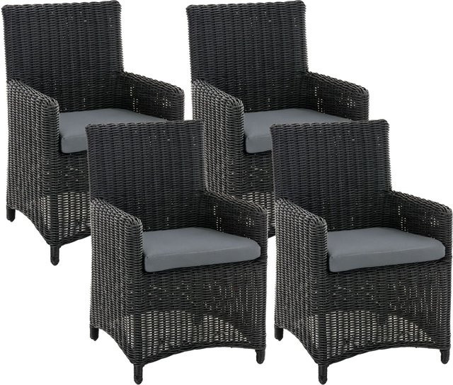 CLP Gartenstuhl 4er Set Fontana, Polyrattan Gartenstühle in Grau mit Sitzkissen, Wetterfeste Hochlehner Garten-Sessel mit Armlehnen aus Aluminium und Metall - Bild 1