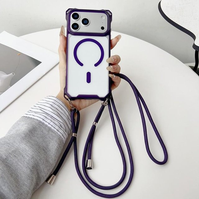 Stoßfeste magnetische Crossbody-Tragebandhülle für iPhone mit Lanyard und Strap von Rui Di, Transparent/Lila - Bild 1