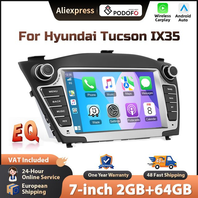 Podofo 7 Zoll Wireless Carplay und Android Auto Autoradio für Hyundai Tucson IX35 mit GPS, Bluetooth, FM/RDS und Multimedia-Funktionen in Schwarz - Bild 1