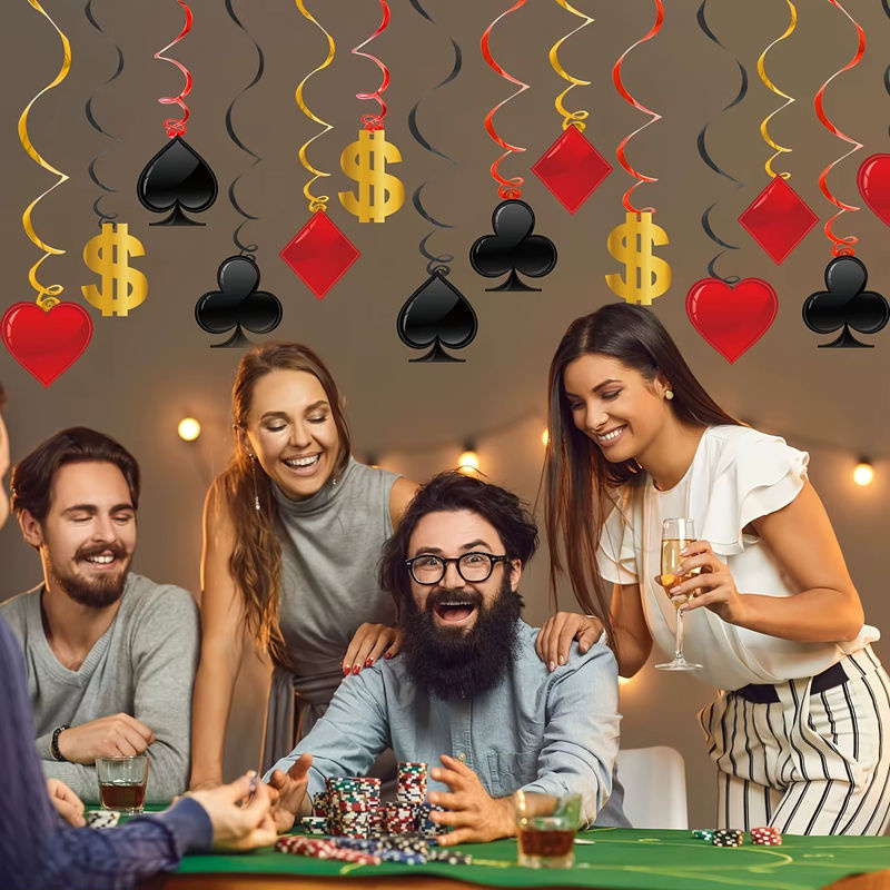 36er-Pack Casino-Partydekoration Las Vegas mit hängenden Papier-Wirbeln in Rot und Schwarz für Poker-Themenpartys - Bild 4