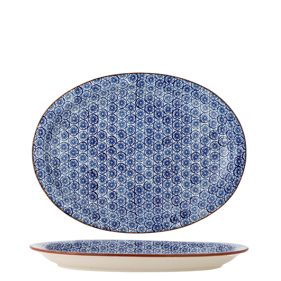 Bloomingville Servierplatte Karine aus Steinzeug in Blau mit floralem Muster, oval, Durchmesser: 35 cm - Bild 1