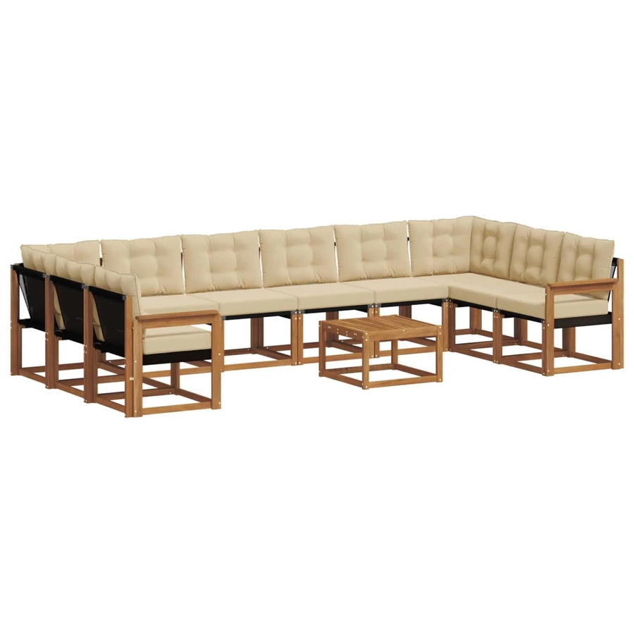 vidaXL Outdoor-Sofagarnitur in U-Form aus massivem Akazienholz mit Textilene und Kissen, 11-teilig, Natur-Beige - Bild 2