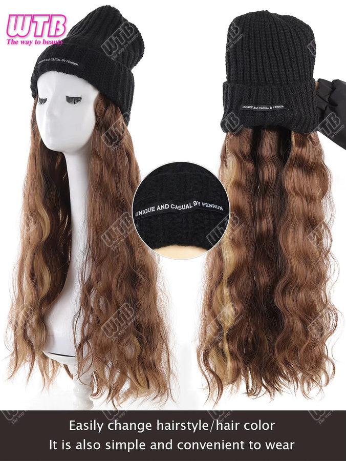 WTB Synthetische Perücke, schwarze Strickmütze mit langen lockigen Haarverlängerungen - Bild 3