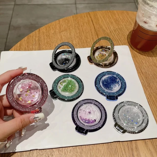 Maerknon 360 Grad drehbarer Bling Treibsand Fingerringhalter mit Glitzer-Effekt in Grün und Multicolour als Handy-Halterung und Aufkleber - Bild 1