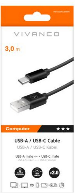 Vivanco USB-A auf USB-C Kabel, Schwarz, 3 m - Bild 1