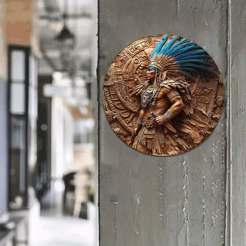 Potdemiel Azteken-Krieger Wandkunst aus Metall, rundes Retro-Metallschild in Braun, Durchmesser: 20,3 cm - Bild 4