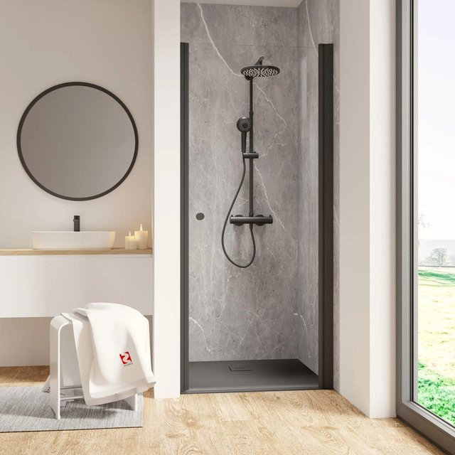 Schulte Duschkabine Garant 2.0 Nische mit Drehtür in Mattschwarz, Glas frosted, B: 80 cm, H: 200 cm - Bild 1