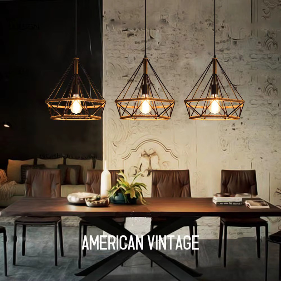MengJay Vintage Pendelleuchte im Industrie-Loft-Stil mit E27 Fassung aus Metall und Hanfseil - Bild 4