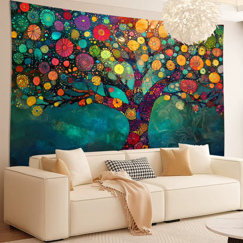 VIKAMA Wandteppich Baum des Lebens in Pop-Art Optik, bunter floraler Stoff-Wandteppich für dein Wohnzimmer - Bild 3
