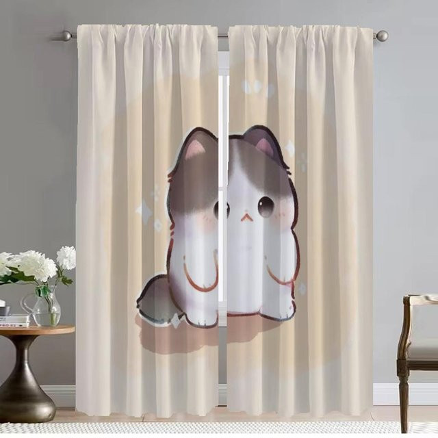 Modernes Katzen-Vorhang-Set für Schlafzimmer und Wohnzimmer, 2er-Pack, Beige, B: 50 cm, H: 70 cm - Bild 1
