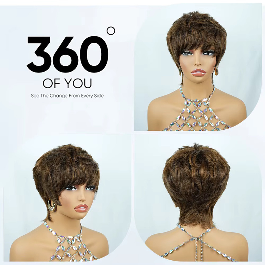 OYM HAIR Perücke, braunes brasilianisches Echthaar, kurzer Pixie-Schnitt, Damen - Bild 3