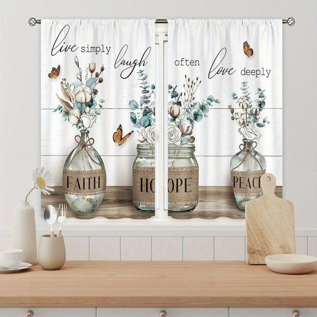 Yiran Furniture Bauernhaus Küchenvorhänge im Vintage-Stil mit Gabel und Messer Motiv, 2er-Set, Weiß, B: 60 cm, H: 60 cm - Bild 1