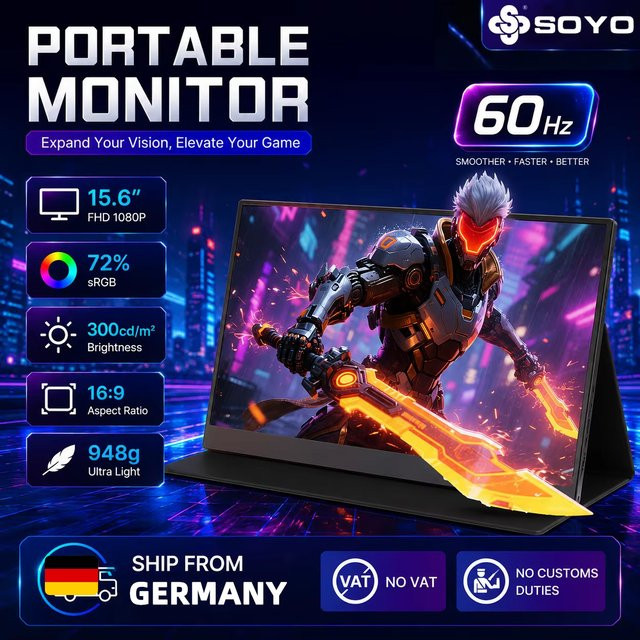 SOYO Tragbarer Monitor SY15FN60 15,6 Zoll FHD 1080P Ultra-Slim IPS-Display in Schwarz mit USB-C und HDMI für Smartphone, Xbox und PS5 - Bild 1