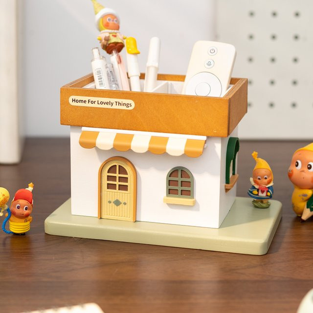 Holz-Aufbewahrungsbox in Cartoon-Haus-Design als Stiftehalter und Schreibwaren-Organizer für Büro, Schule und Make-up-Pinsel, Mehrfarbig - Bild 1