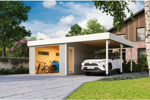 LASITA MAJA Blockgarage Bahamas aus Holz in Lichtgrau mit Stufendach, B/T: 820 x 560 cm - Bild 1
