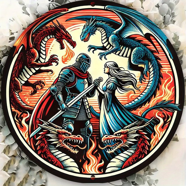 HELLOYOUNG Retro-Drachen Wandschild aus Metall, rundes Kunstdekor in Multicolour, Durchmesser: 19,81 cm - Bild 1