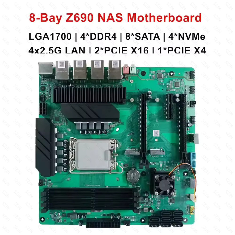 SZJN Z690 NAS-Motherboard für LGA1700 12.-14. Gen CPU, 4x DDR4 UDIMM, 4x M.2 NVMe, 8x SATA 3.0 und 4x 2.5G I226-V, Grün - Bild 2