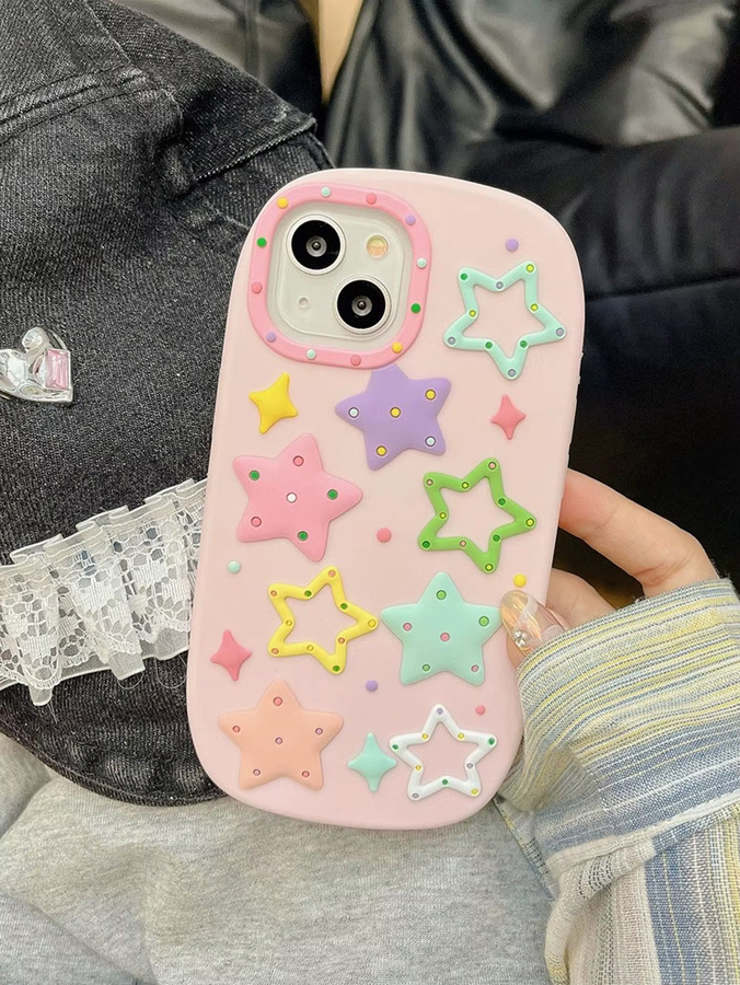iPhone Silikon Handyhülle mit Dopamin-Kontrast und stereoskopischem Stern in Pink, Anti-Drop Schutz für iPhone 15 Pro Max, 14, 13, 12 und 11 - Bild 3
