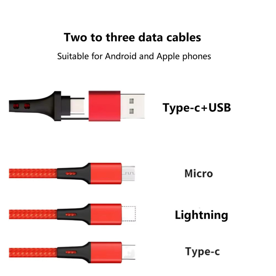5-in-1 PD USB Schnellladekabel Multi-Port Datenkabel für iPhone, Android, Xiaomi, Micro USB und Typ-C in Silber und Rot - Bild 4