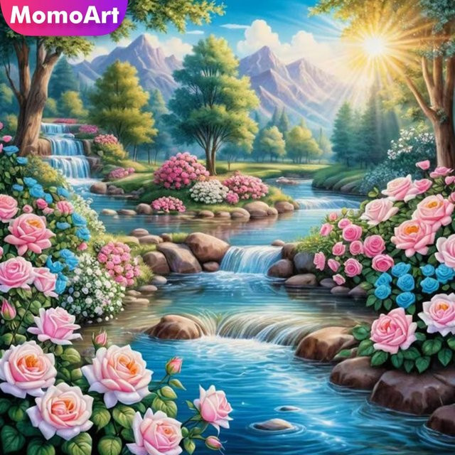 Momoart 5D DIY Diamantmalerei Flusslandschaft mit Blumen als Kreuzstich-Set in Multicolour, B/H: 20 x 20 cm - Bild 1