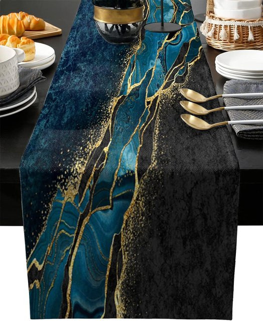 JMG Household Supplies Tischläufer aus Leinen mit abstraktem Blau-Schwarz-Gold Marmor-Design, Breite: 150 cm, Tiefe: 33 cm - Bild 1