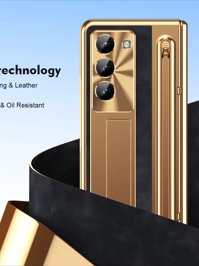 PU-Leder Handyhülle mit Glasfilm-Stiftschlitz und Stiftständer für Samsung Galaxy Z Fold 7, 6, 5, 4, 3 inklusive Scharnier-Schutz in Blau und Gold - Bild 6