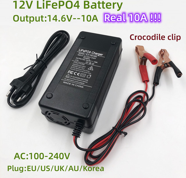 Jnenconn 14,6 V 10A Ladegerät für 12V LiFePO4 Batterien mit Alligator-Clip, Schwarz - Bild 1