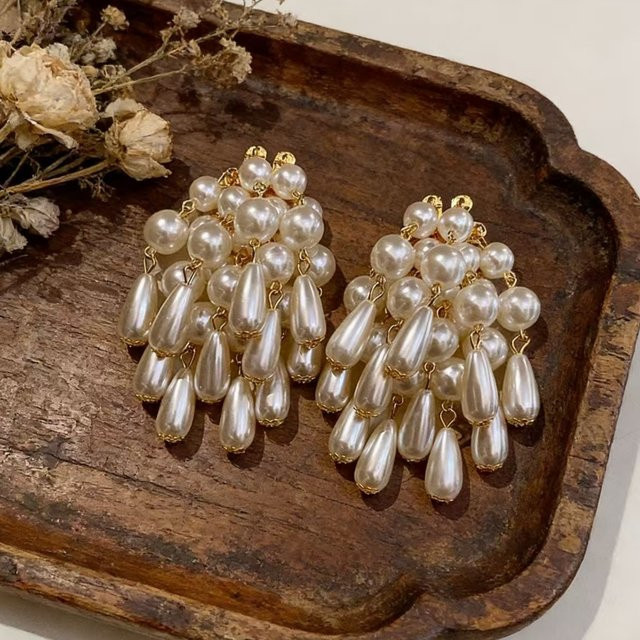 DINGABIYU Ohrringe im Hofstil, Perlenquastenanhänger, Gold, Vintage - Bild 1