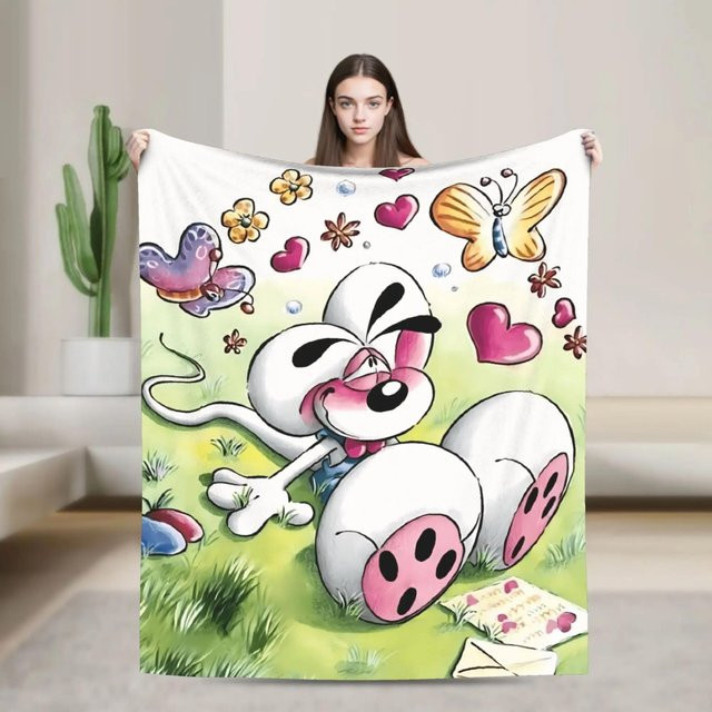Diddl Cartoon Überwurfdecke Rot mit Herzmotiven, weiche Fleece-Tagesdecke für Sofa und Bett, B/B: 130 x 150 cm - Bild 1