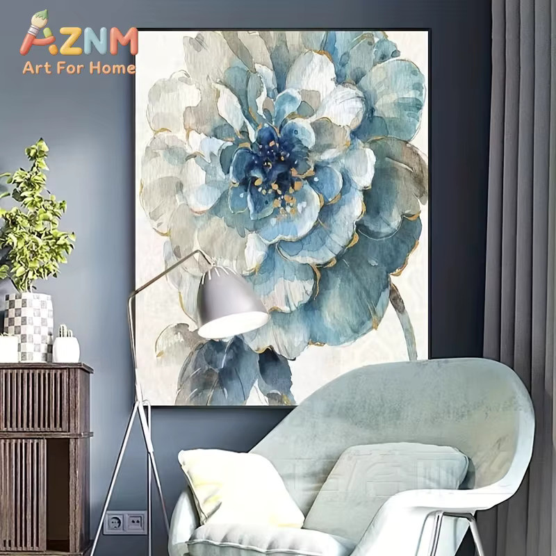 3-teiliges Rahmenloses Leinwandgemälde von Kayou mit abstraktem blauem Blumenmotiv im nordischen Stil zur Wanddekoration - Bild 3