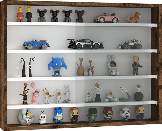 HOMCOM Wandvitrine für Sammlerstücke in Braun mit 2 Glasschiebetüren und 4 höhenverstellbaren Regalböden, B: 80 cm, T: 9,5 cm, H: 60 cm - Bild 1