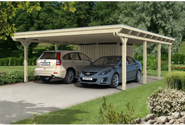 Skan Holz Doppelcarport Emsland Flachdach aus Fichten-Leimholz mit Abstellraum, Farbe: beige, B/T: 613 x 846 cm, Höhe: 248 cm - Bild 1